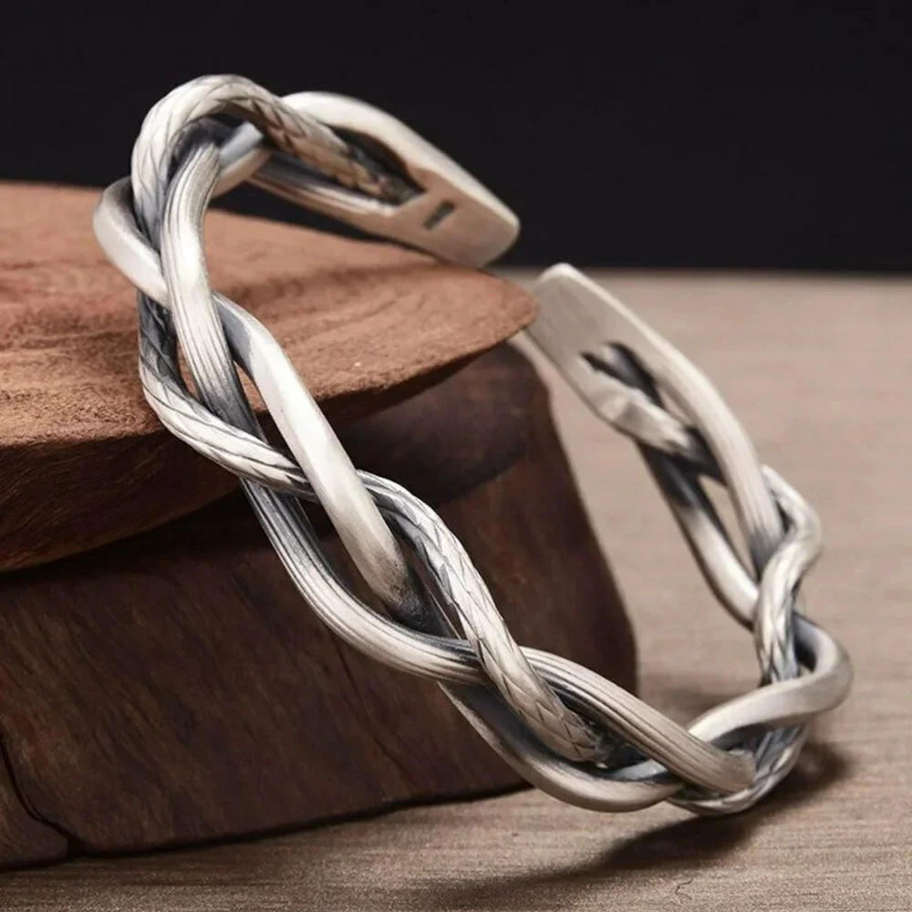 NEW Lg Unisex‎ Solid Twist 925 Sterling Silver Bracelet, Adjustable